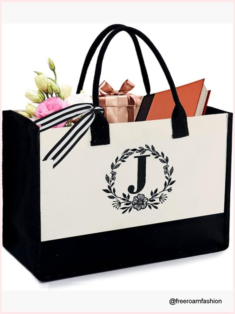 Large Canvas Tote Bag with Monogram Embroidery, Zipper Pocket, Heavyweight